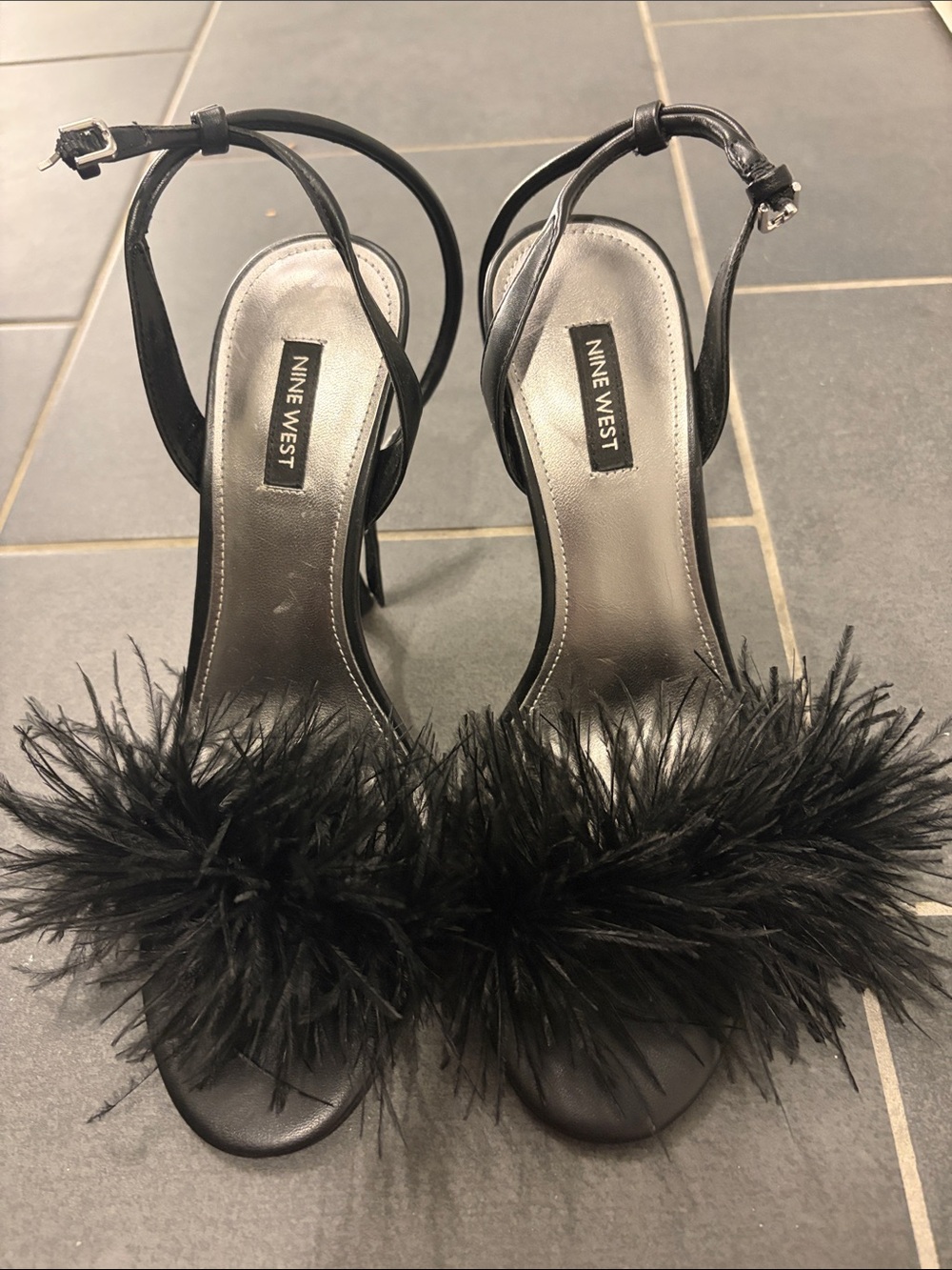 Nine West Black Feather Strap Heeled Sandals